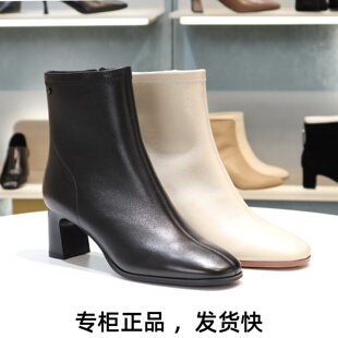 COMELY康莉2025高跟粗跟方头羊皮侧拉链时装靴短靴女靴子KYQ58606