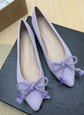 2025春季新款紫色尖头平底芭蕾鞋女蝴蝶结浅口一脚蹬气质拼色单鞋