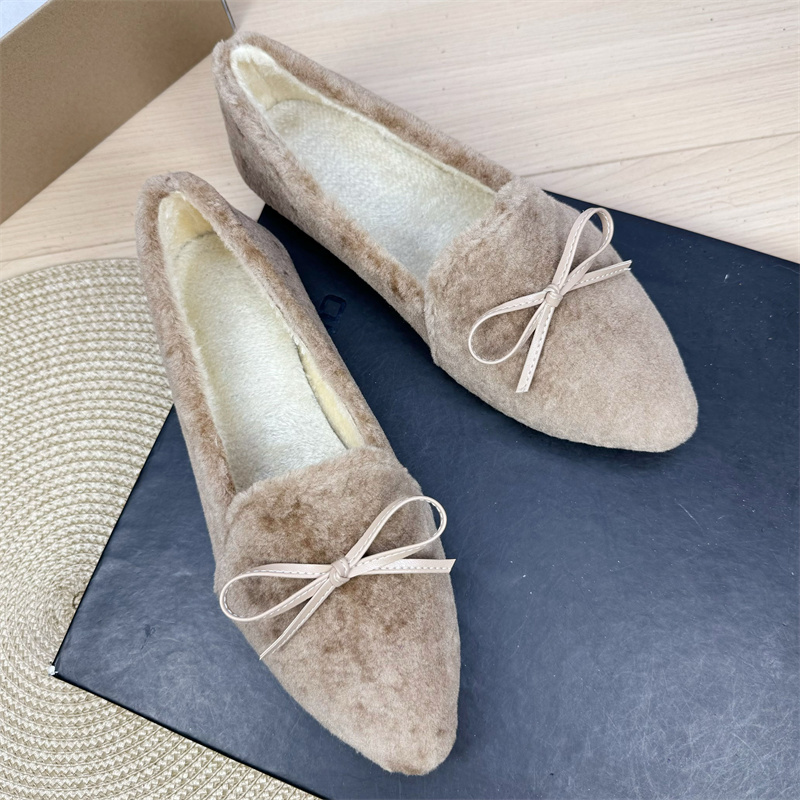 尖头深口蝴蝶结加绒平底鞋