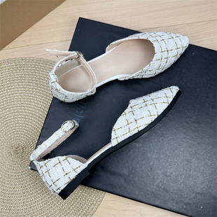 女上班单鞋 百搭尖头平底小香风包头配裙子一字带凉鞋 新款 2025夏季