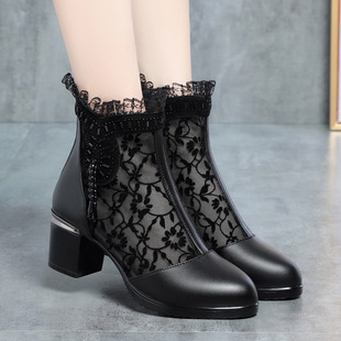 中跟网靴镂空女鞋 夏季 凉鞋 新款 防滑 软皮短靴女凉靴网纱粗跟妈妈鞋