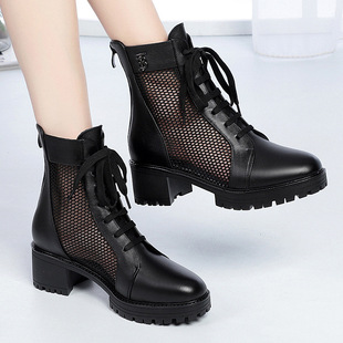 薄款 春夏英伦马丁靴女透气网纱真皮凉鞋 软皮中跟网靴粗跟厚底凉靴