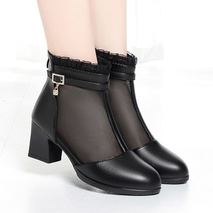 春夏季 女短靴 网靴女软皮网纱凉靴女中跟粗跟镂空透气凉鞋 中年大码