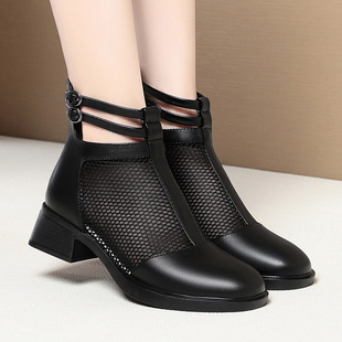 短靴 2025年新款 软皮镂空女靴春夏季 网靴中跟网纱凉鞋 软底粗跟薄款