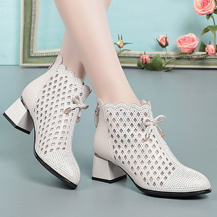 网靴女短靴新款 女靴 真皮网纱女镂空包头凉靴粗跟凉鞋 中跟时尚