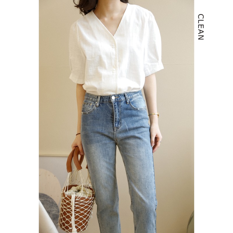 clean自制棉麻短袖上衣2020春新品白色衬衫女宽松v领泡泡袖衬衣|msdalam kategori Butik wanita / wanita, shirt - dari Buy2taobao.com untuk memberikan perkhidmatan ejen Taobao profesional membeli