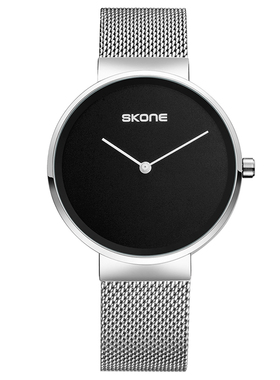 SKONE/时空品牌手表男士简约两针学生钢网带石英表超薄防水手表男