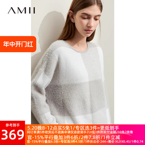 Amii2024冬新款温暖柔糯圆领撞色格纹仿貂绒毛衣女宽松落肩袖上衣