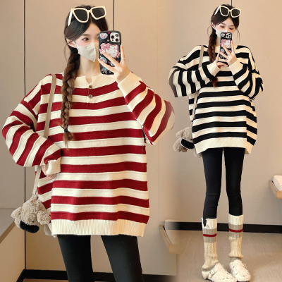 大码孕妇毛衣秋冬2025新款时尚条纹针织上衣外套女宽松减龄200斤