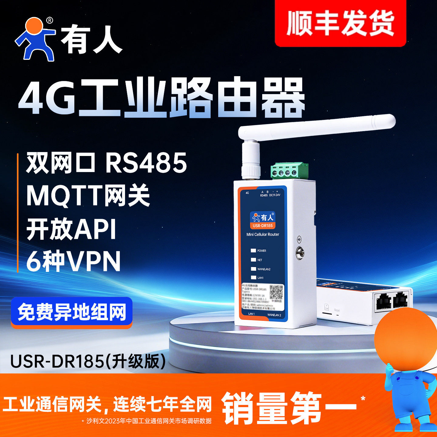 有人4G工业路由器无线免插卡异地组网VPN双网口485串口无线m