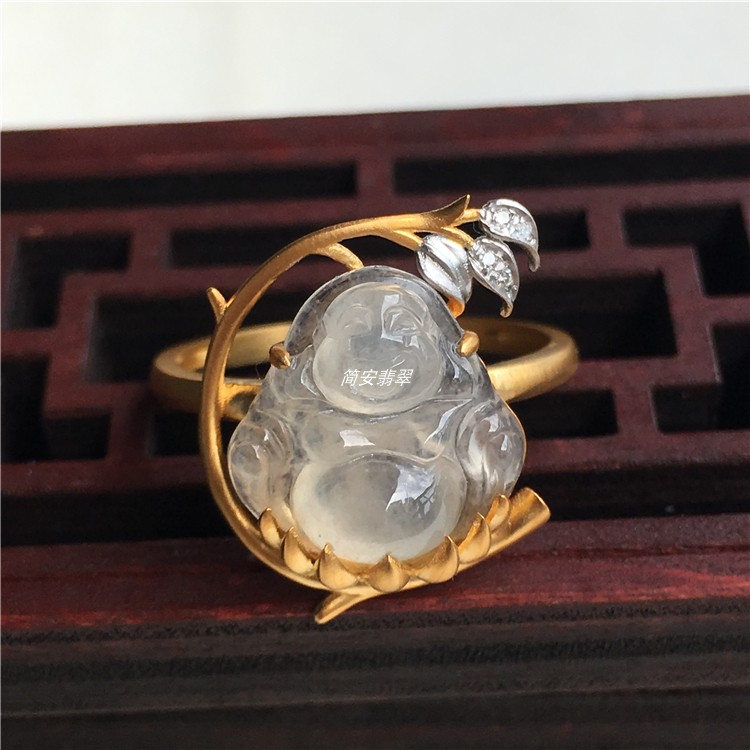 简安翡翠定制18k金镶冰种小佛公翡翠戒指刚性十足小巧可爱送证书
