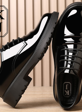 法国KJ轻奢正装皮鞋男亮面真皮内增高头层牛皮商务厚底结婚鞋