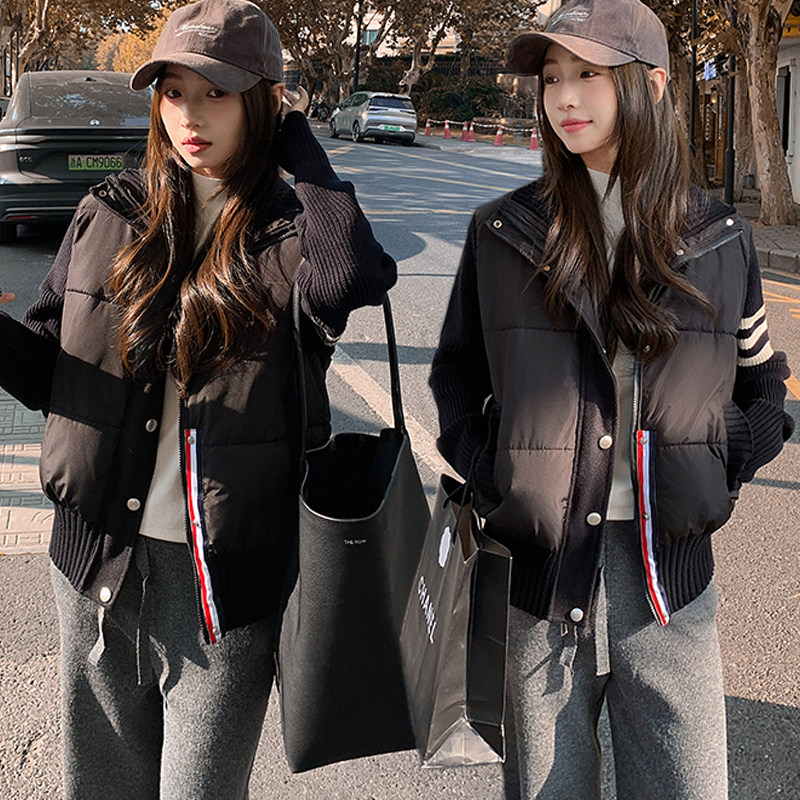 2025冬季新款时尚女装小香风针织拼接棉服加厚保暖小个子短外套