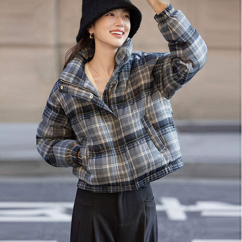 2025冬季新款复古格子棉服女短款加厚小个子立领宽松保暖学生外套
