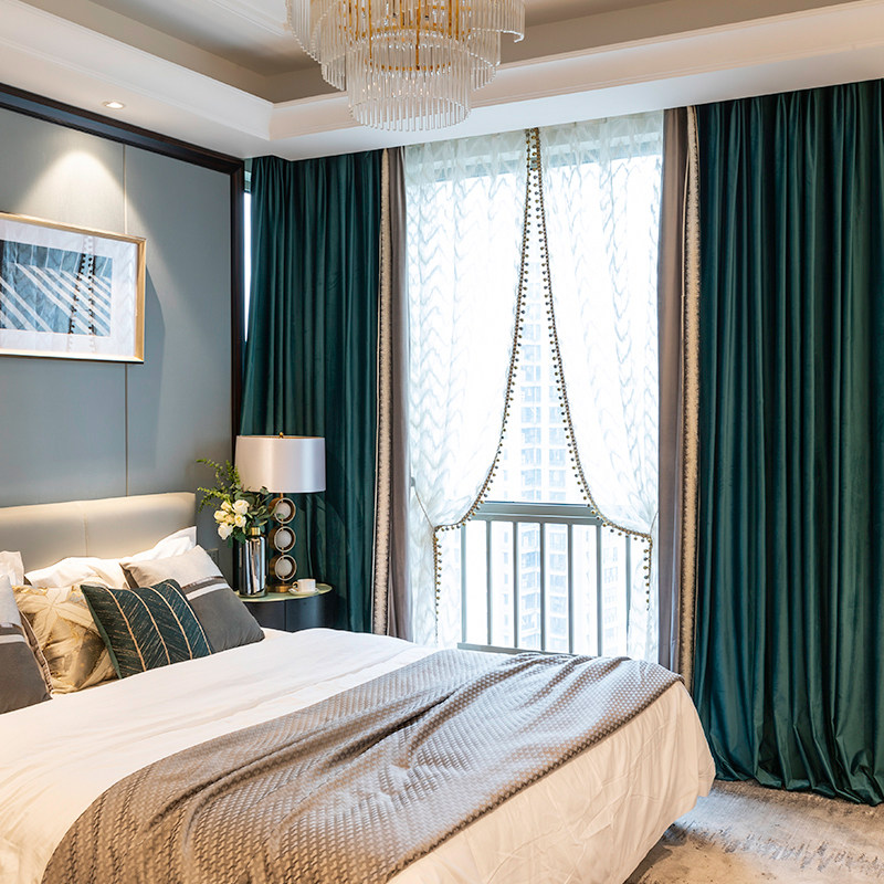 轻奢简约现代复古拼色大气窗帘高端孔雀蓝绒布加厚遮光卧室客厅