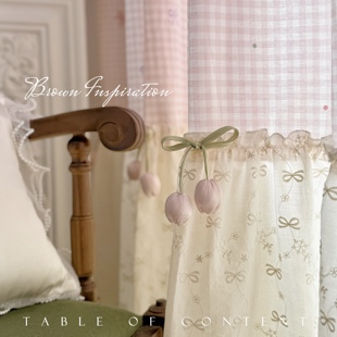 Girlish 甜粉色格子蝴蝶结刺绣法式浪漫半遮光少女公主风裙摆窗帘