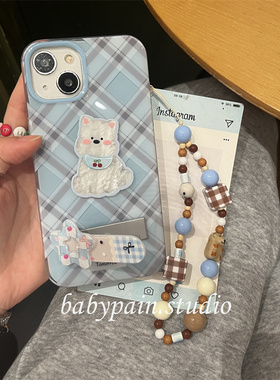 babypain 学院风复古蓝色菱格纹可爱西高地折叠支架适用iPhone16promax手机壳苹果15pro防摔14保护套13新款12