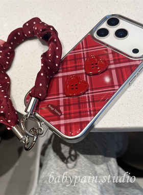 babypain ins新年复古红色菱格使用iPhone17promax手机壳苹果16小众设计款15pro防摔腕带14pro气质高级感原创