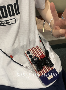 babypain 复古撞色可爱黑色猫咪背夹适用iPhone16promax手机壳苹果15pro少女心斜挎挂绳13pro保护套12新款14