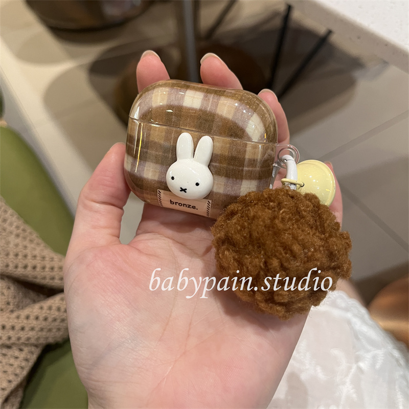 babypain  ins风秋冬复古卡其色格纹可爱兔子适用AirPodspro3耳机壳AirPods4耳机保护套pro2毛球少女心3代1代