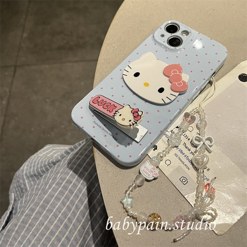 babypain 夏日ins温柔海盐蓝波点可爱猫咪适用iPhone16promax手机壳苹果15pro原创折叠支架14pro少女心13新款