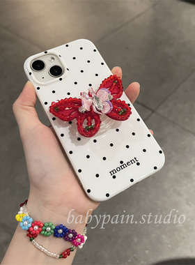 babypain早春复古红色蝴蝶适用iPhone16promax手机壳苹果13波点硅胶软壳12pro少女心保护套15小众设计款12pro
