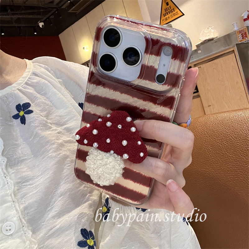 babypain ins秋冬复古酒红色条纹可爱珍珠蘑菇折叠支架适用iPhone17promax手机壳苹果16pro可爱保护套14pro15,3C数码配件,手机保护套/壳,淘宝优惠券,粉丝福利购,淘宝优惠卷