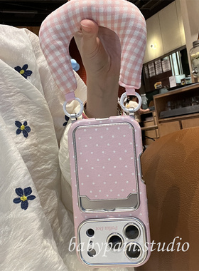 babypain ins小清新撞色波点插卡壳适用iPhone17promax手机壳苹果16pro防摔腕带保护套15pro新款14pro少女心