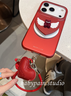 babypain 新年中国红高级感纯色适用iPhone17promax手机壳苹果16pro红色小熊磁吸支架15pro挂绳保护套14pro女