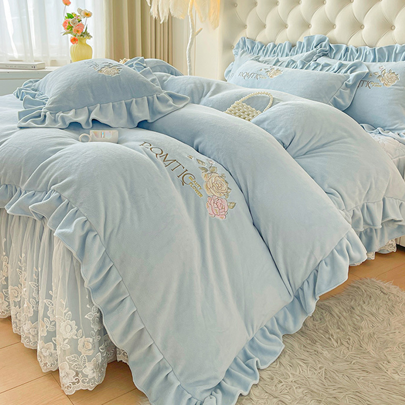 秋冬季牛奶绒床裙款四件套夹棉加厚床罩1.8m双面珊瑚绒被套带花边