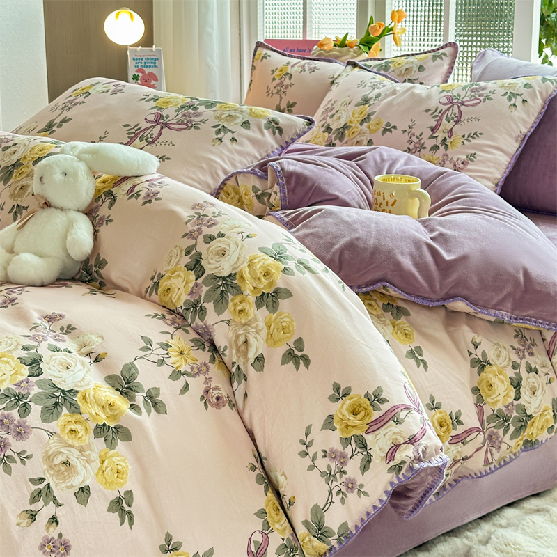 三角针贝壳边棉加绒四件套