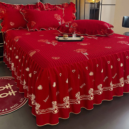 泽天下A类全棉大红夹棉床裙