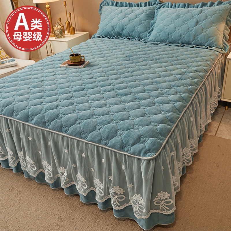2022年新款牛奶绒床裙单件冬季裙边式床垫床笠保护罩花边夹棉床单