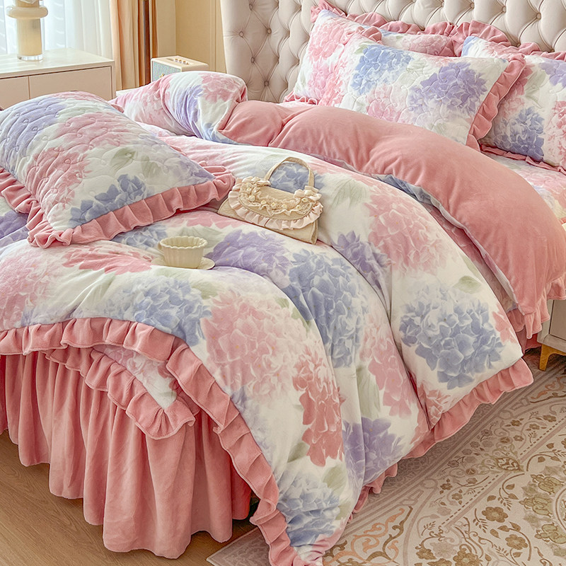 冬季牛奶绒夹棉床裙款四件套加厚双面绒被套罩床笠床裙二合一床罩