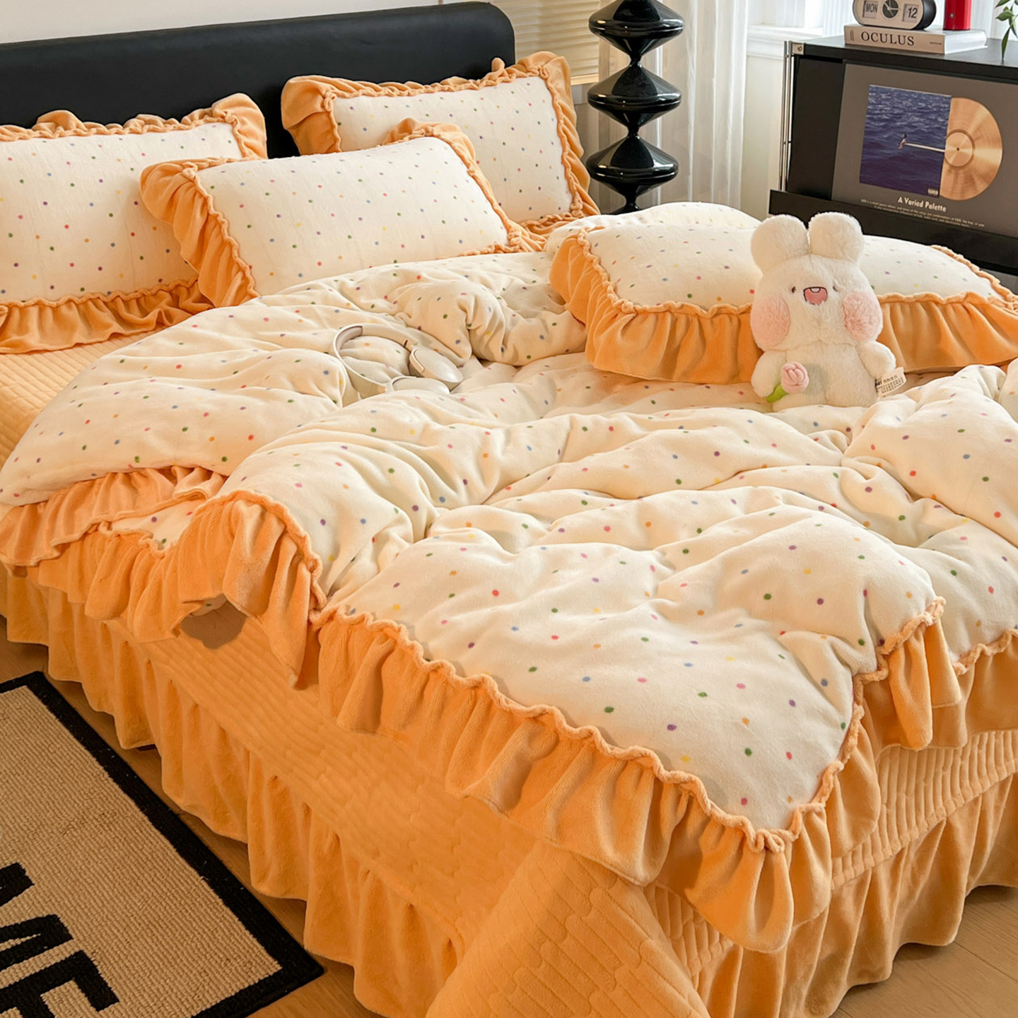 韩版花边牛奶绒四件套床盖款冬季双面加厚法兰珊瑚绒被套夹棉床单