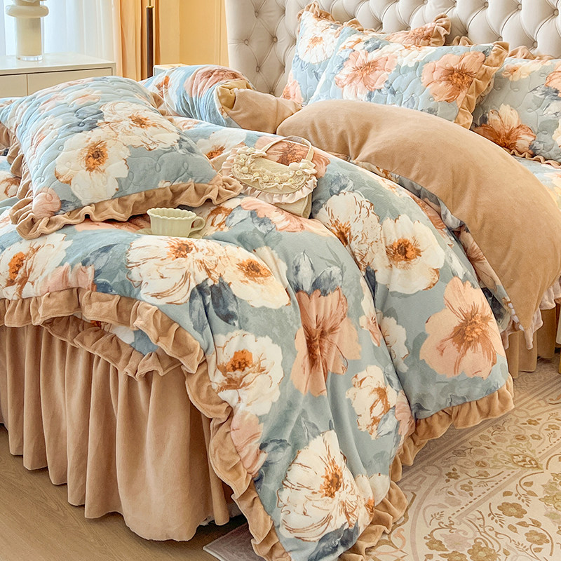 新款牛奶绒夹棉床笠式床裙四件套保暖加厚珊瑚绒床罩双面绒被套冬