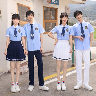 校服套装中学生初中夏季短袖学院风班服英伦蓝色小学毕业拍照服装