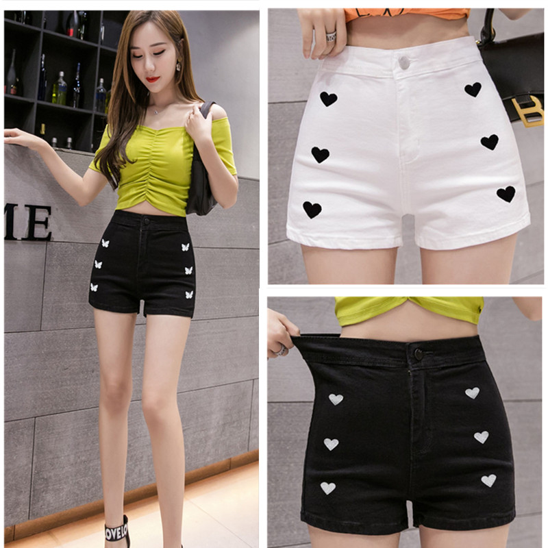 2021 new summer high waist thin versatile print slim straight tube Butterfly Embroidery denim stretch shorts