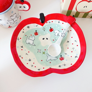 红苹果小狗陶瓷盘子手绘釉下彩餐盘甜品水果碗饭碗带盖马克杯礼物