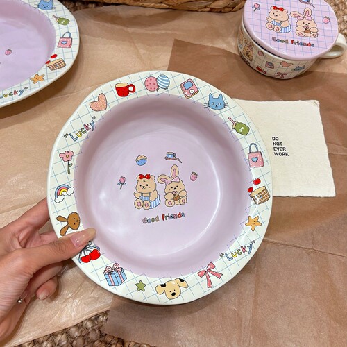 梦幻紫色萌兔熊陶瓷餐具套装礼物