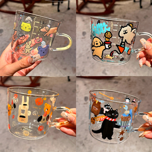 原创插画玻璃杯带刻度水杯啤酒杯大容量可爱杯子耐高温家用女生