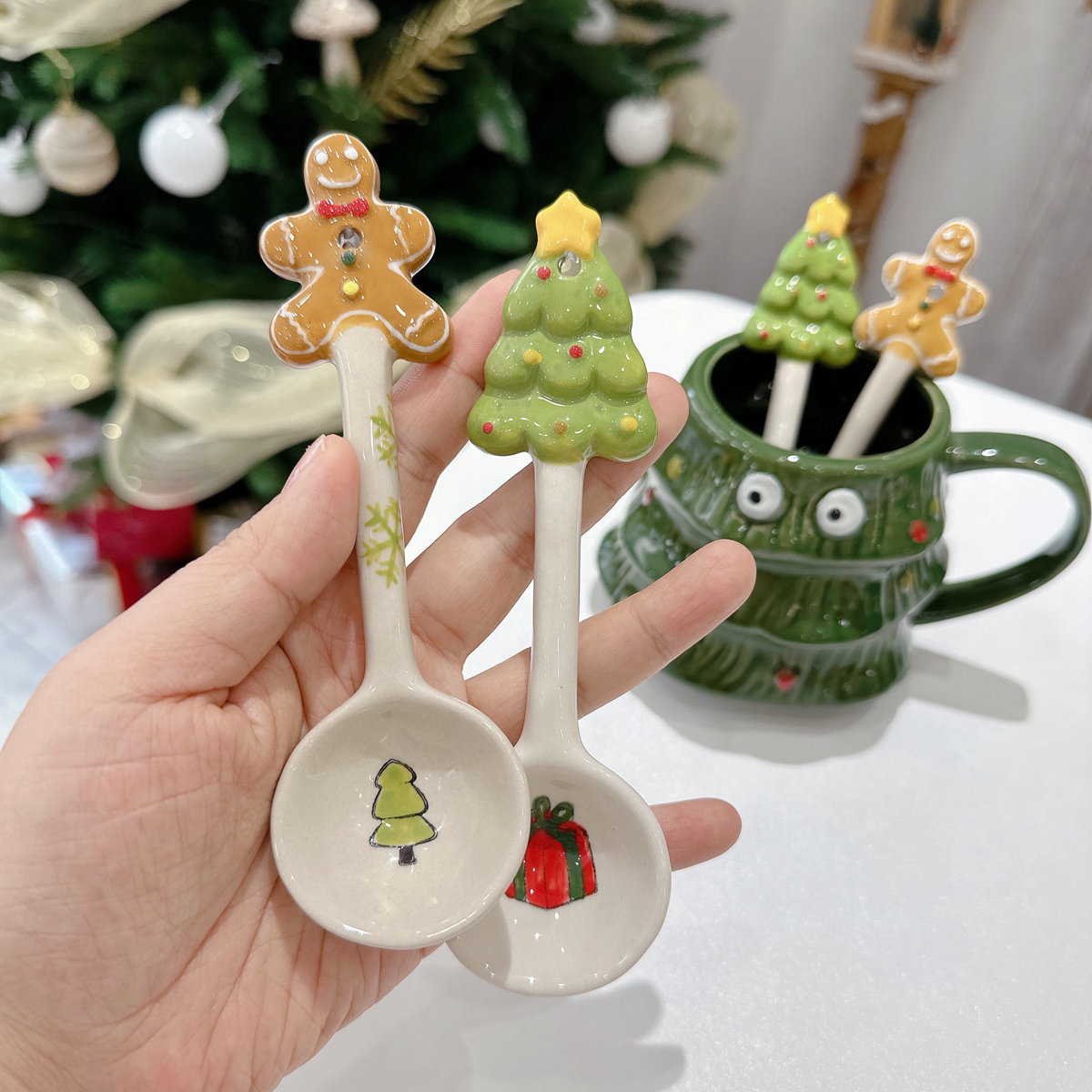 圣诞树姜饼人卡通陶瓷勺子