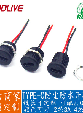 TYPE-C母座防水防尘2PIN圆形卡式4芯焊线带传输3A5A带螺母开孔M12