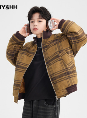 男童冬装韩范毛呢格子防寒羽绒服2025新款儿童男孩冬季加厚外套潮