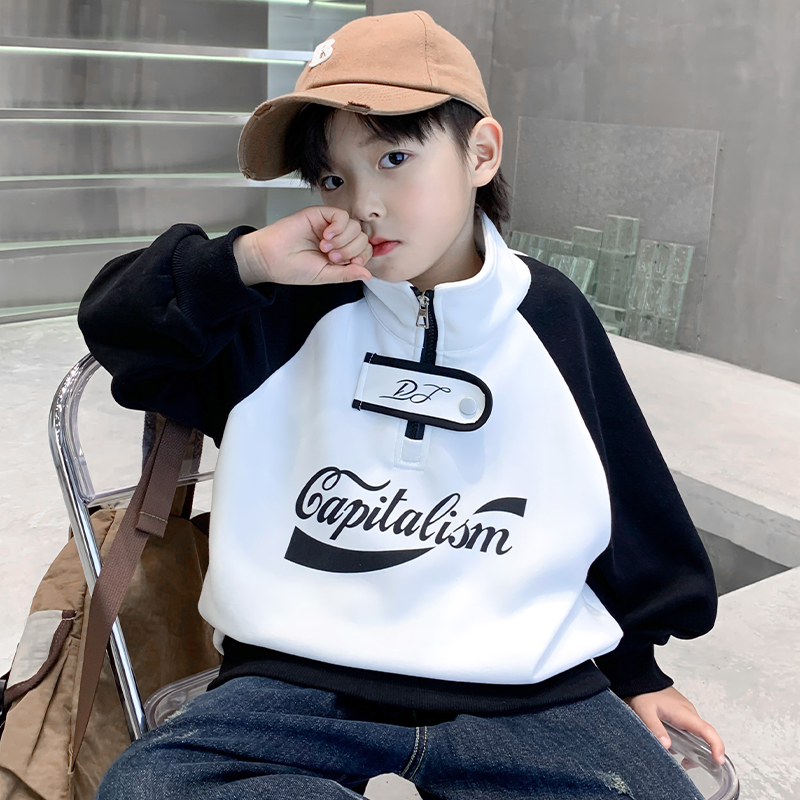 男童春秋撞色半拉链机车风卫衣潮