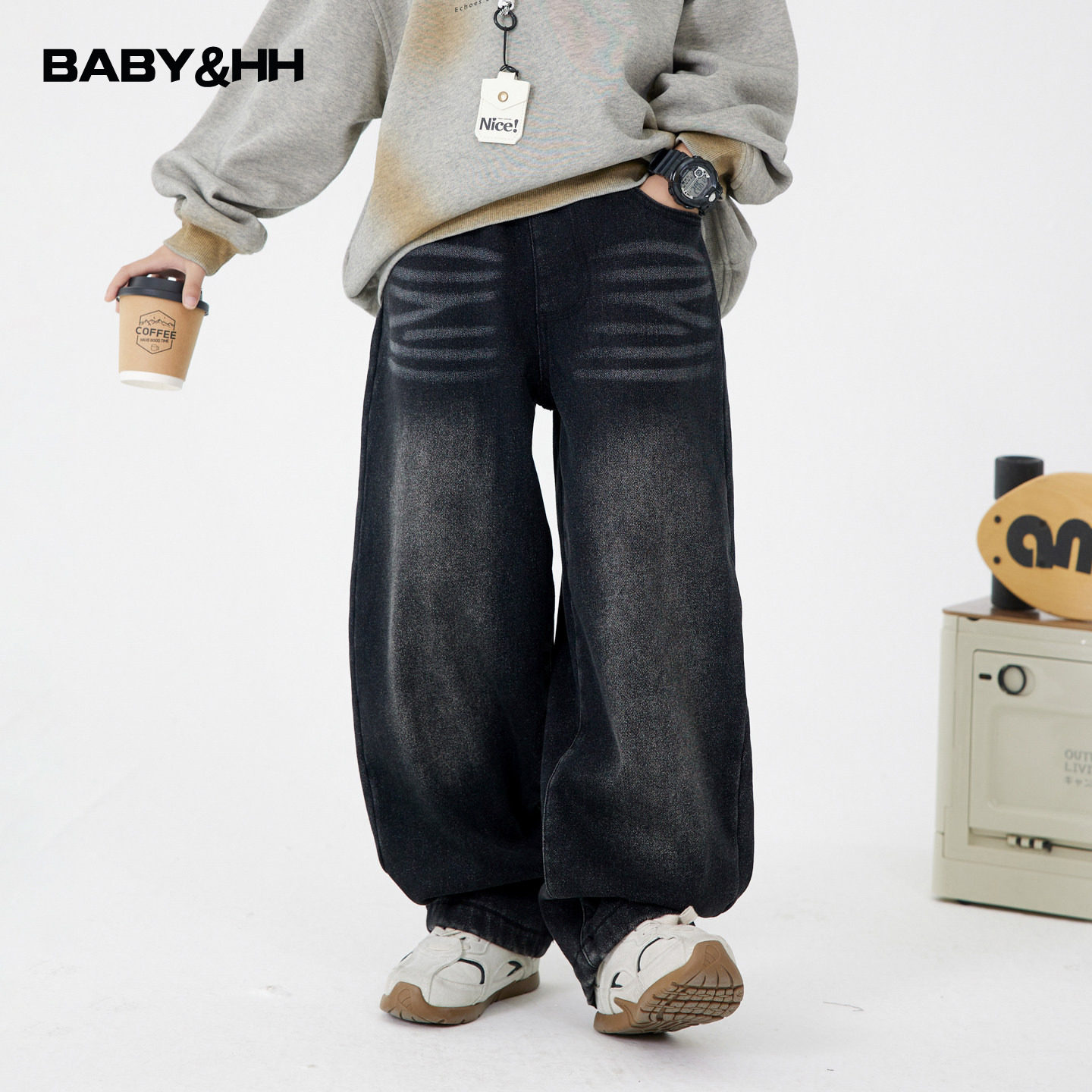 男童秋冬黑色加绒直筒牛仔裤2025新款儿童男孩加厚宽松阔腿裤子潮