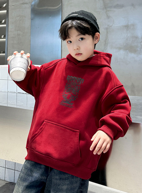 男童秋装红色连帽酷帅卫衣2025新款中大儿童男孩秋季国潮运动上衣