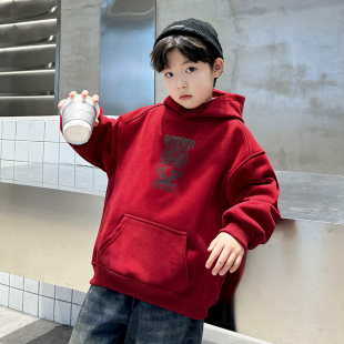 国潮运动上衣 中大儿童男孩秋季 男童秋装 红色连帽酷帅卫衣2025新款