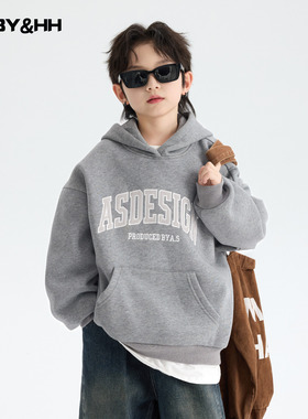 男童秋冬韩范灰色加绒连帽卫衣2025新款儿童冬季加厚运动街舞上衣
