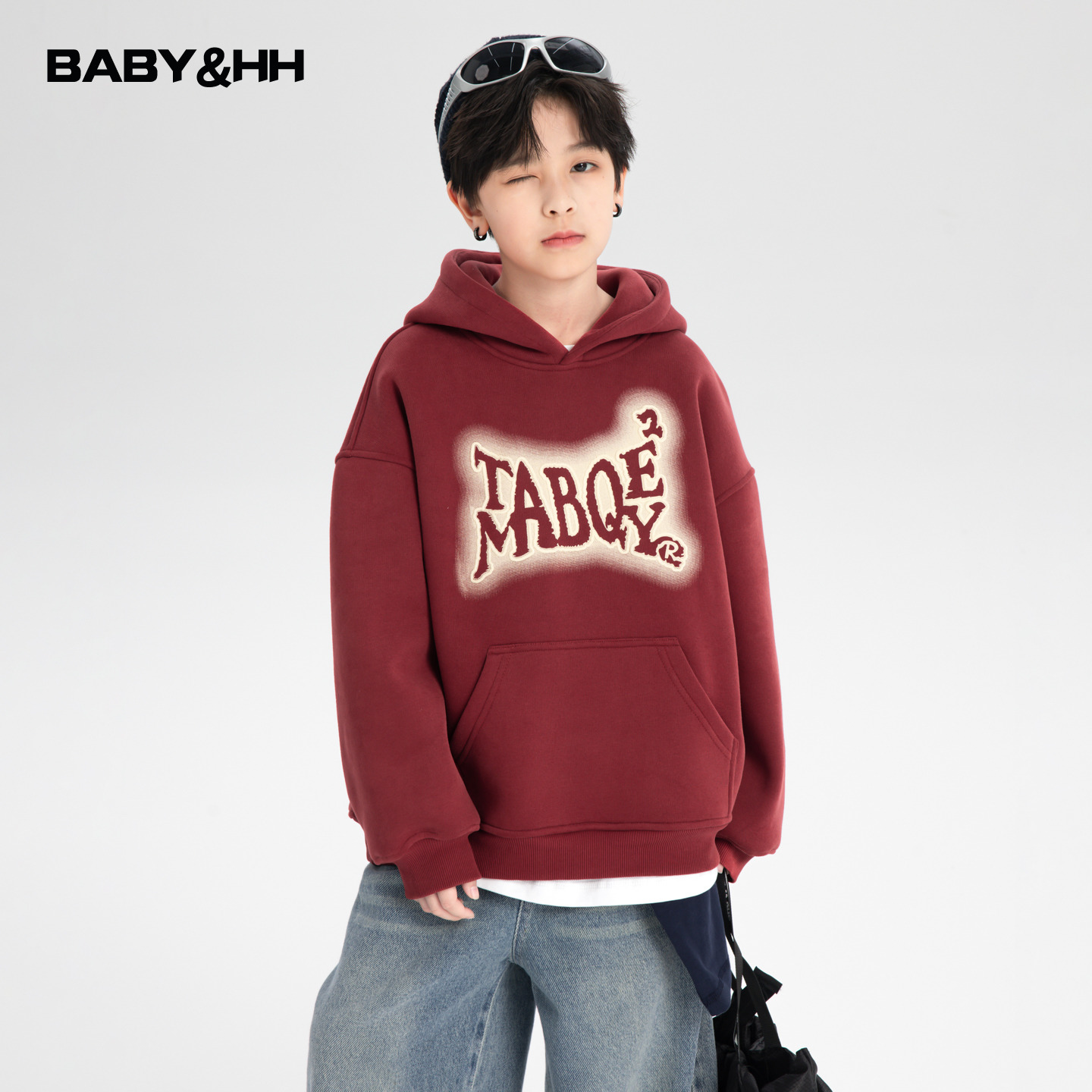 韩范撞色运动一体绒连帽宽松卫衣